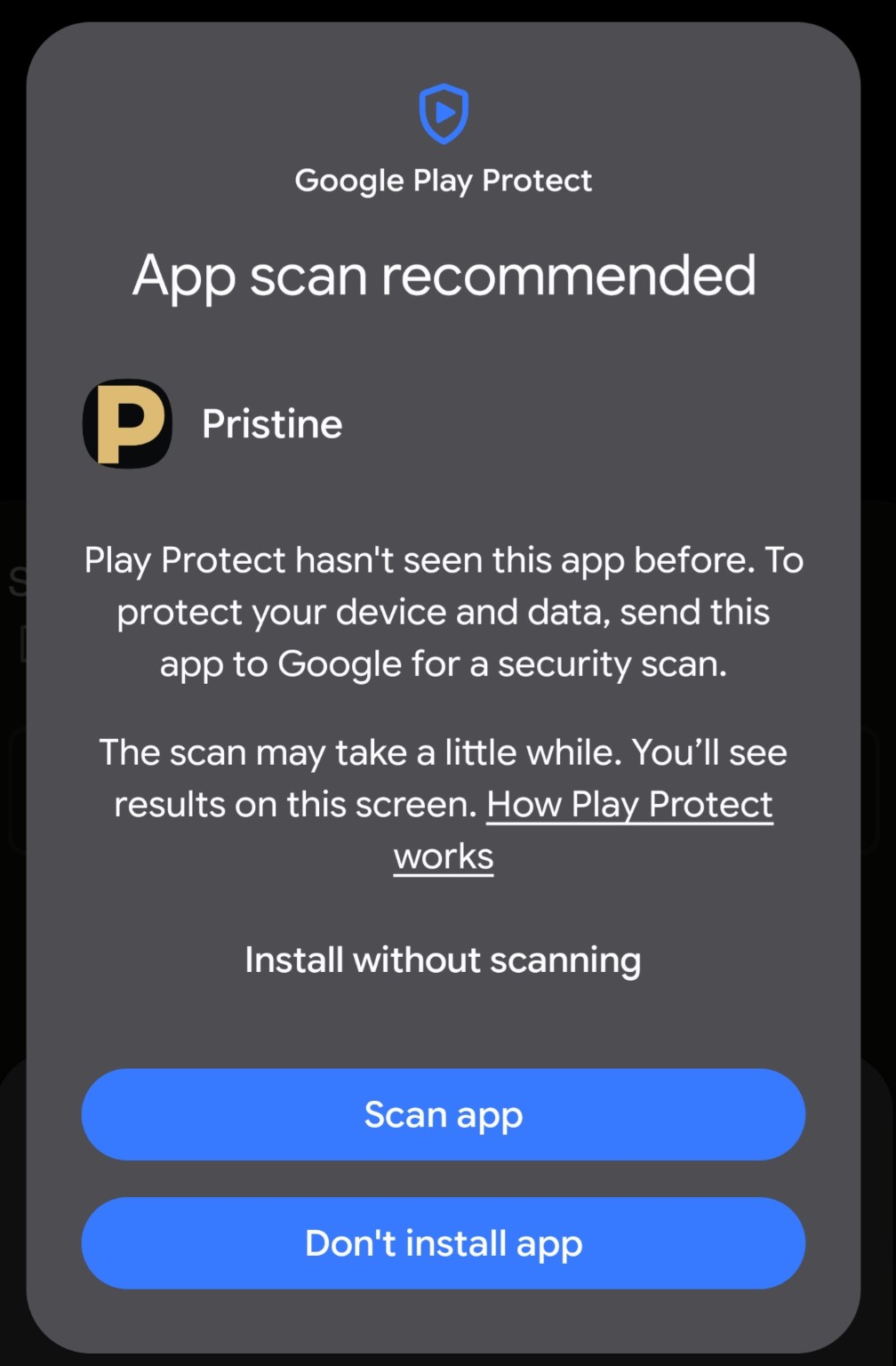 Expanded Google Play Protect screen showing Install without scanning